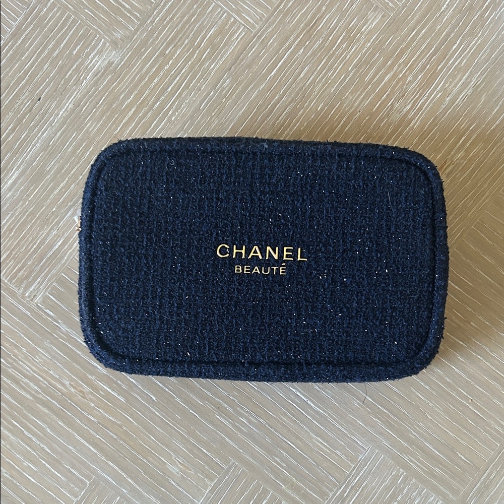 CHANEL Beaute Navy Tweed Travel Cosmetic Pouch with Gold Logo